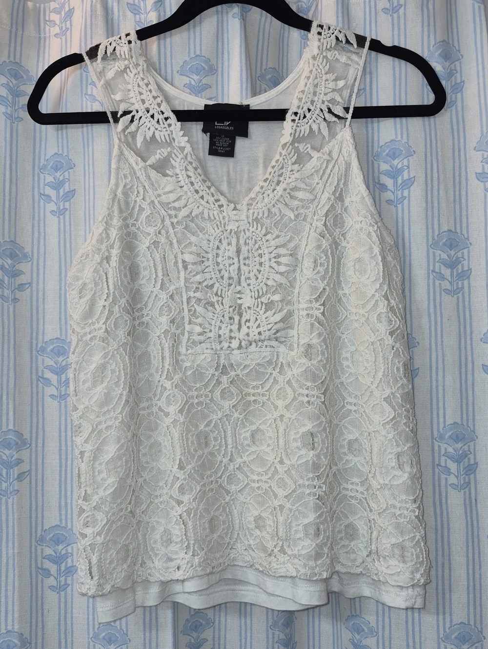 LIV Los Angeles White crochet Lace Tank Semi Sheer Strap Top Sz S